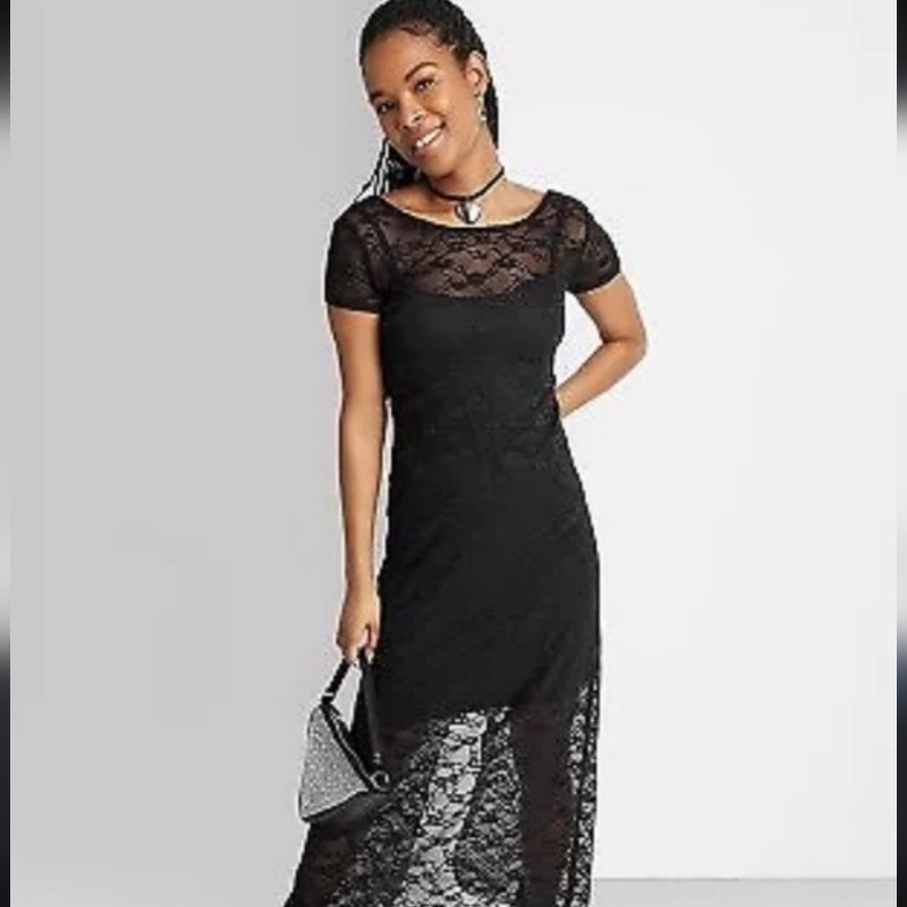 Wild Fable Black Floral Lace Maxi Dress Short Sleeve‎ Scoop Back Slit Small